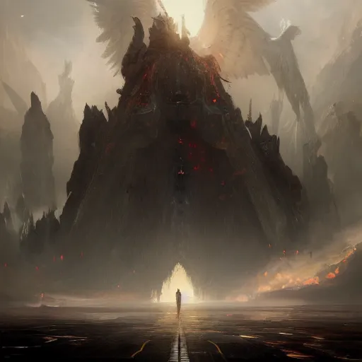 Prompt: a beautiful picture of the angel Lucifer looking at the domain of hell by Greg Rutkowski and Ruan Jia, hyper realistic, landscape, 8k texture, trending on Artstation