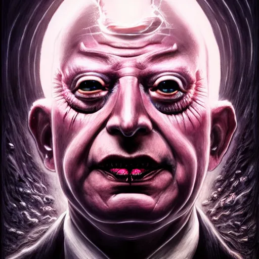 Image similar to uhd photorealistic dark scifi illustration of klaus schwab, reading necronomicon, wearing bizarre voodoo makeup. cinematic lighting, intricate makeup, swirling ghosts, in the style of akira toriyama, beksisnski, amano and karol bak, evil, fantasy, hyperdetailed.