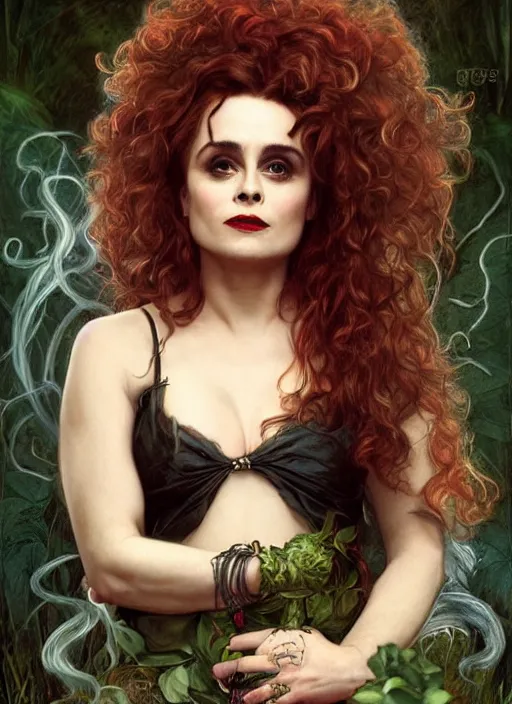 Image similar to portrait Helena Bonham Carter as a poison witch, full length shot, shining, 8k highly detailed, sharp focus, illustration, art by artgerm, mucha, bouguereau