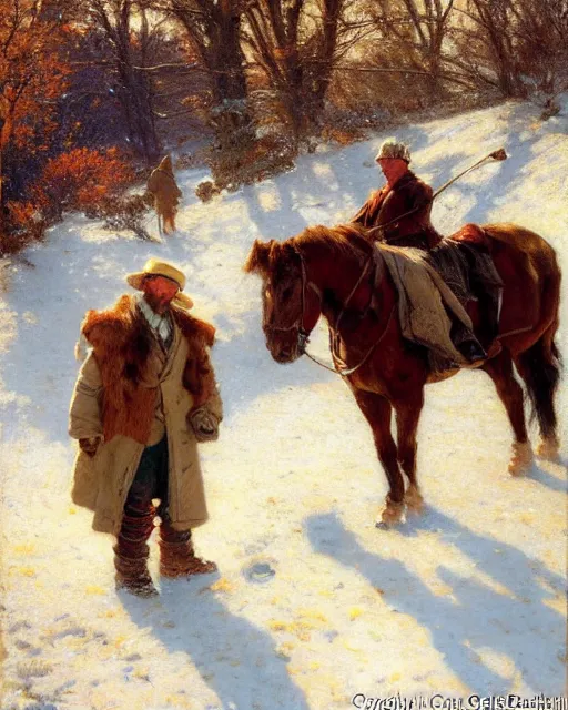 Image similar to handsome men reminisce about the end of autumn in a snow covered pasture, warm colors, hard angles, painting by gaston bussiere, craig mullins, j. c. leyendecker