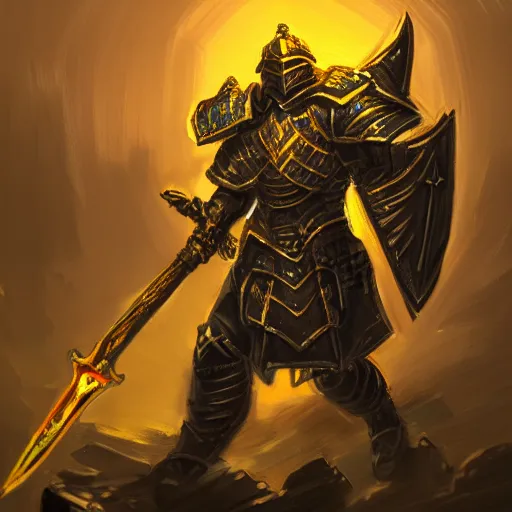 Prompt: A highly detailed matte acrylic painting of a heavily armored paladin wielding a very bright glowing gold sword, fighting in a huge battle at dusk, concept art, trending on artstation.