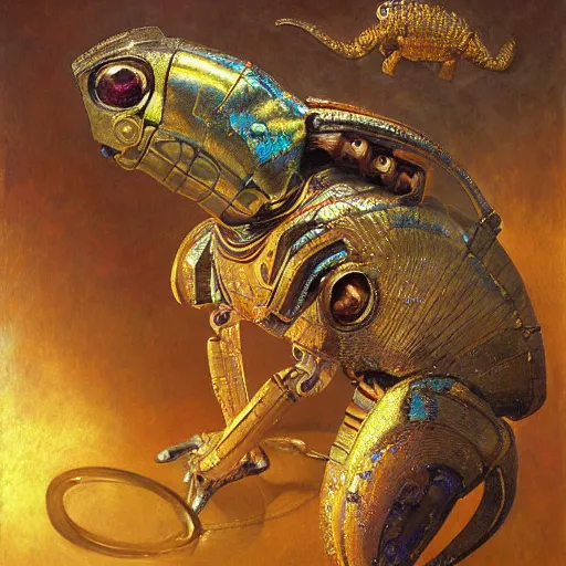 Image similar to highly detailed portrait of a robotic chameleon mecha, painting by gaston bussiere, craig mullins, j. c. leyendecker, lights, art by ernst haeckel, john william godward, hammershøi,