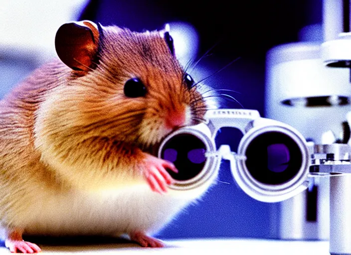 Image similar to film still of a hamster wearing goggles working in a research lab using a tiny microscope, 8 k