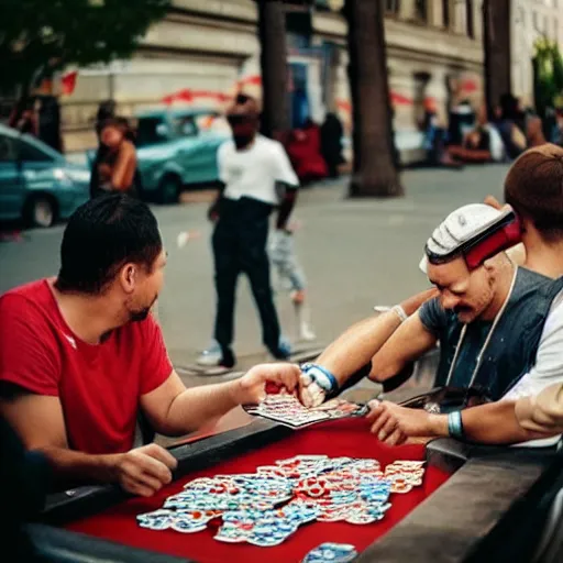 Image similar to with my homies playing street gambling, extremely human detailed, photo hyper realistic, the best photograph of august, pinterest render, vogue render