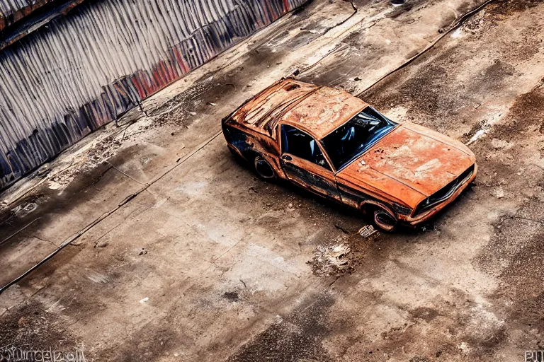 Image similar to A rusty old mustang in an abandoned big factory, sun lighting from above, taken with a Leica camera, ambient lighting, sunset time, highly detailed art