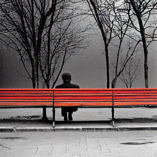 Image similar to Lonely man sitting on bench photographed by Andrej Tarkovsky, kodak 5247 stock, color photograph