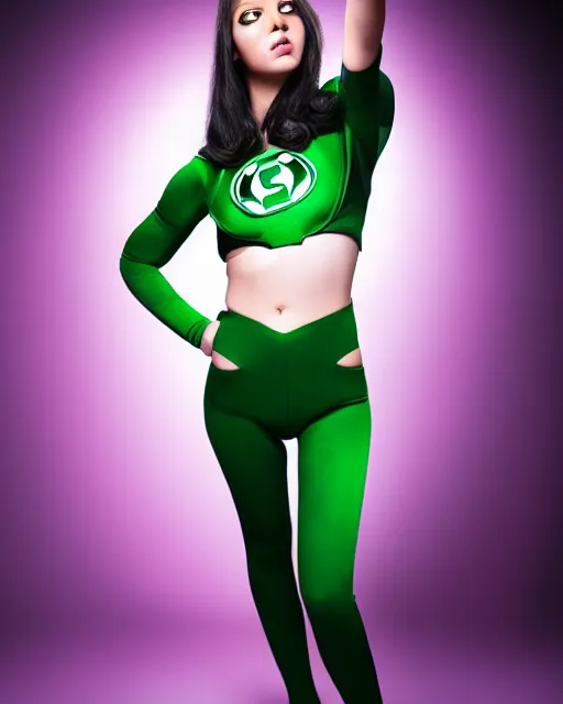 Prompt: a beautiful girl with purple skin wearing the uniform of a Green Lantern, photorealistic, studio lighting, shot in the style of Mario Testino.