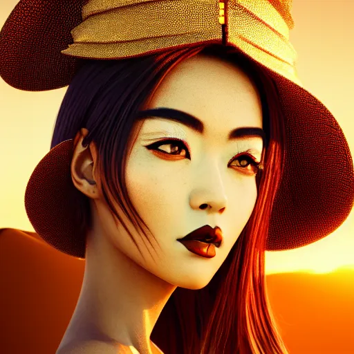 Image similar to giesha demon, innovative avant - garde art, deco fashion, asian women, highly detailed, photorealistic portrait, serene desert setting, golden hour, crisp quality and light reflections, octane render