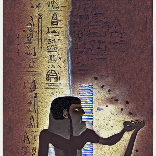 Image similar to A computer art. A rip in spacetime. Did this device in his hand open a portal to another dimension or reality?! Egyptian, burnt umber by George Lucas mournful, frightful