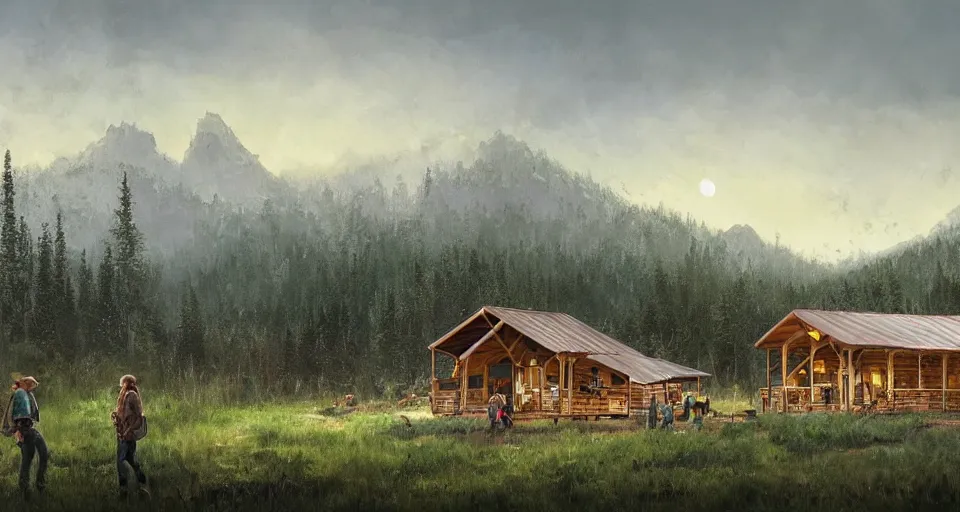 Image similar to cabela's beautiful comfortable modular pop - up insulated all terrain family dwelling, cabin,, person in foreground, mountainous forested wilderness open fields, beautiful views, painterly concept art, joanna gaines, environmental concept art, farmhouse, magnolia, concept art illustration, by james gurney, by craig mullins, by greg rutkowski trending on artstation