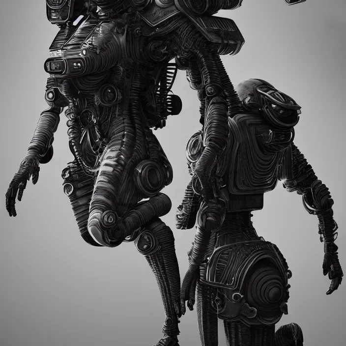 Image similar to a vertical portrait of a character in an spaceship by nihei tsutomu, black and white, dreamy, steampunk bioarmor, highly detailed, 3 d render, vray, octane, realistic lighting