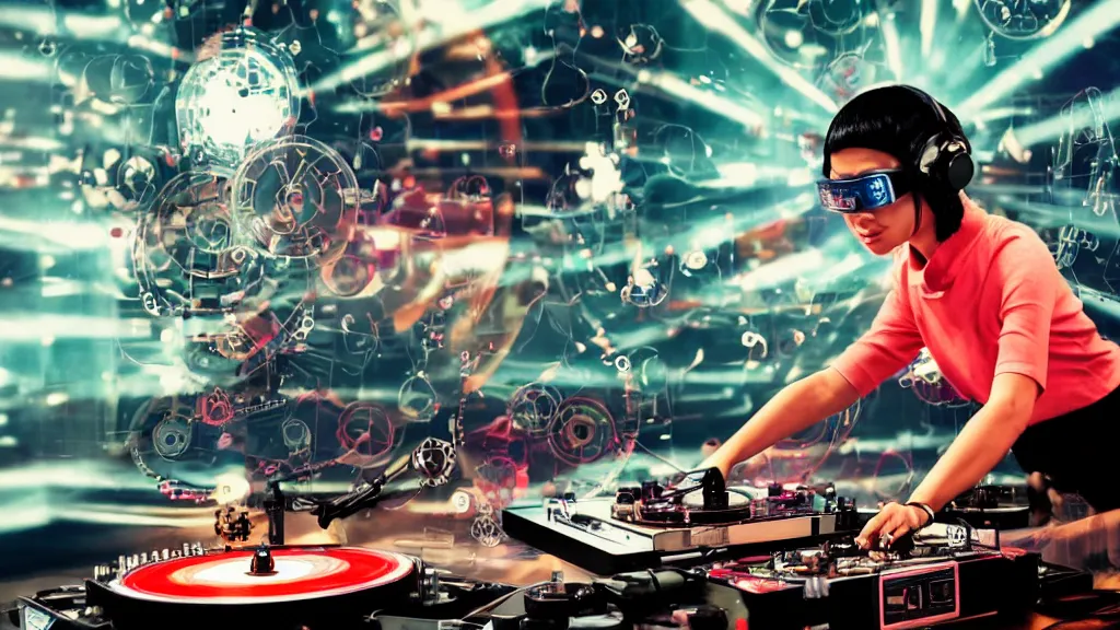 Image similar to an asian woman wearing goggles and visor and headphones using an intricate clockwork record player turntable contraption, robot arms, turntablism dj scratching, intricate planetary gears, smoky atmosphere, cinematic, sharp focus, led light strips, bokeh, iridescent, black light, fog machine, hazy, lasers, spotlights, motion blur, color