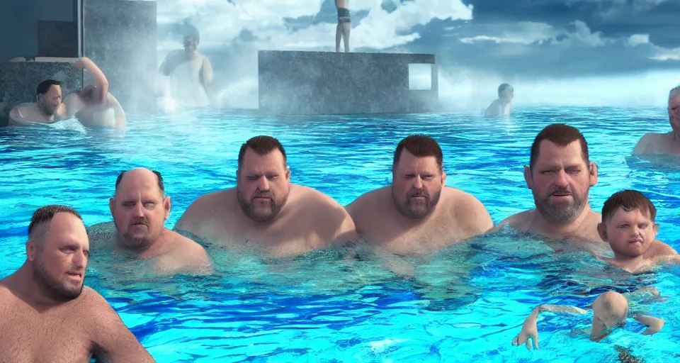 Image similar to digital art painting of exactly three adult brothers and their slightly overweight older father in an icelandic swimming pool , unreal 5, DAZ, hyperrealistic, octane render, volumetric clouds dynamic lighting