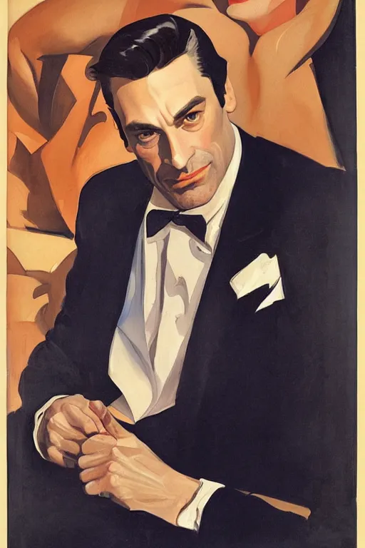 Prompt: portrait of jon hamm by leyendecker and tamara de lempicka at the french riviera 1 9 6 0