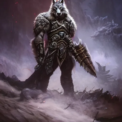 Prompt: Wolf, Anthropomorphized, as warlord general, magic the gathering artwork, D&D, fantasy, cinematic lighting, centered, symmetrical, highly detailed, digital painting, artstation, concept art, smooth, sharp focus, illustration, volumetric lighting, epic Composition, 8k, art by Akihiko Yoshida and Greg Rutkowski and Craig Mullins, heroic pose, oil painting, cgsociety, Battlefield background, explosions, arrows