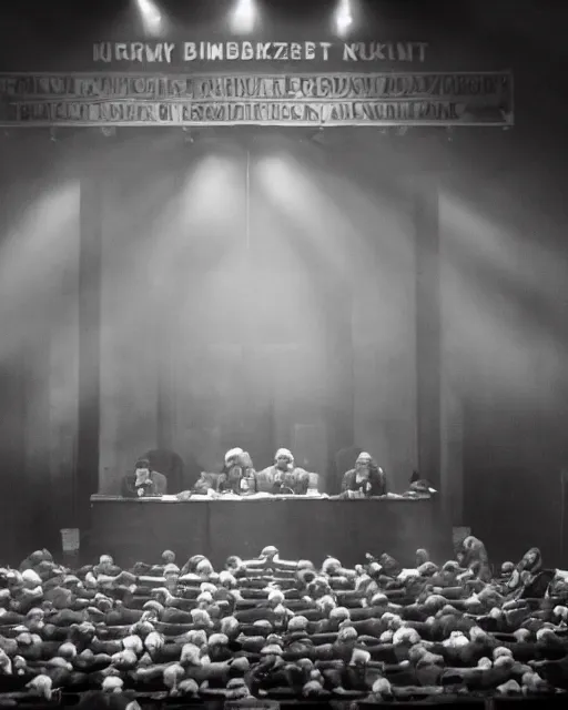 Image similar to Limp Bizkit at Nuremberg trials, grainy photography, HD resolution, realistic, monochrome, cinematic, unreal engine 5