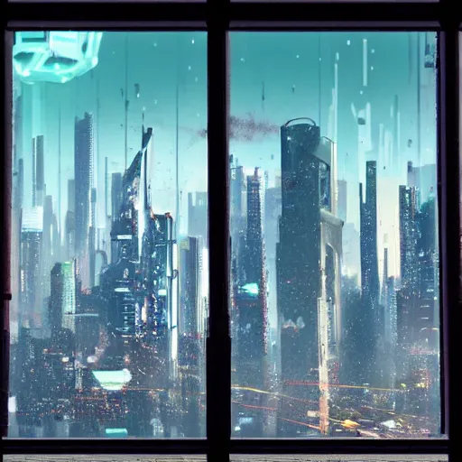 Image similar to cyberpunk city view from window