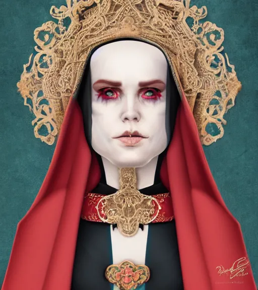 Image similar to beautiful female character inspired by venice carnival and nun | | digital artwork made by greg rutswork, anna dittmann and lois van barlee, symmetrical, anatomically correct