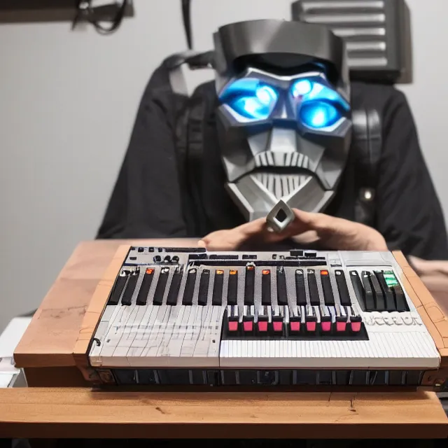 Image similar to a photograph of an origami of mf doom playing a roland sp 4 0 4 on top of a wooden table