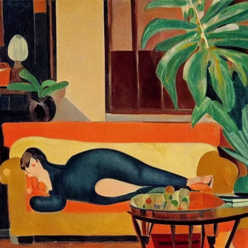 Image similar to A cozy, warm living room, bathed in golden light, with many tropical plants and succulents, a figure is resting on an old couch, by André Derain