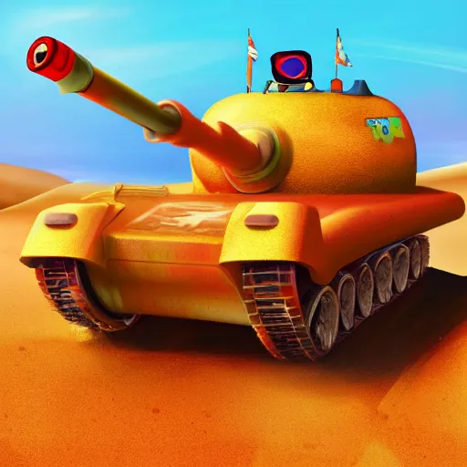 Prompt: A dog wearing goggles driving a brightly coloured tank in a desert, ultra detailed, digital art, 4K