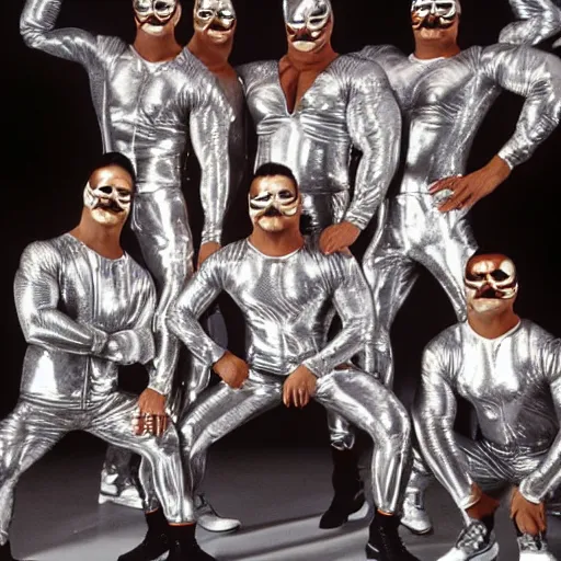 Prompt: 1990's sears portrait photo, a giant massive group of extremely muscular ripped men wearing full-body shiny reflective silver latex pants shirts and masks, performing a wild acrobatic dance in the center of a New York City street, sunset sky, ultra-detailed, photorealistic