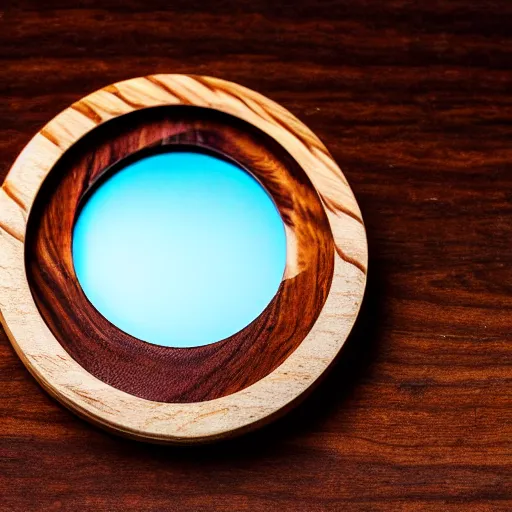 Prompt: lens aperture blades made of walnut wood. minimal. dramatic lighting.