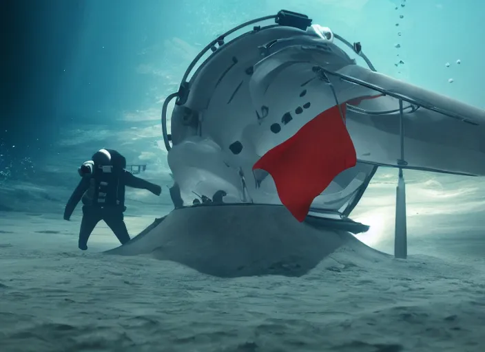 Prompt: astronaut underwater putting a flag in the sand of the bottom of the ocean. there is a futuristic submarine in the background. dark, concept art, cinematic, dramatic, atmospheric, 8 k, trending on artstation, low visibility, zack snyder