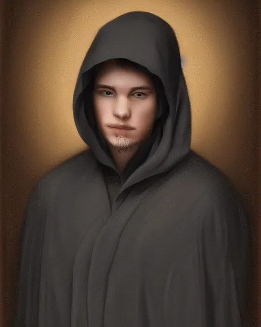 Image similar to digital art portrait of a young man in dark robes, hooded