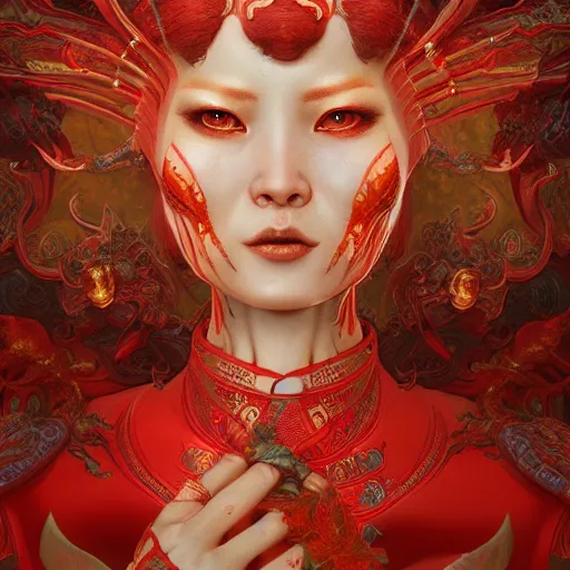 Image similar to The red alien lady, intricated traditional Chinese textures, rococo decorations, hyper detail, Unreal engine,Octane render, by Karol Bak