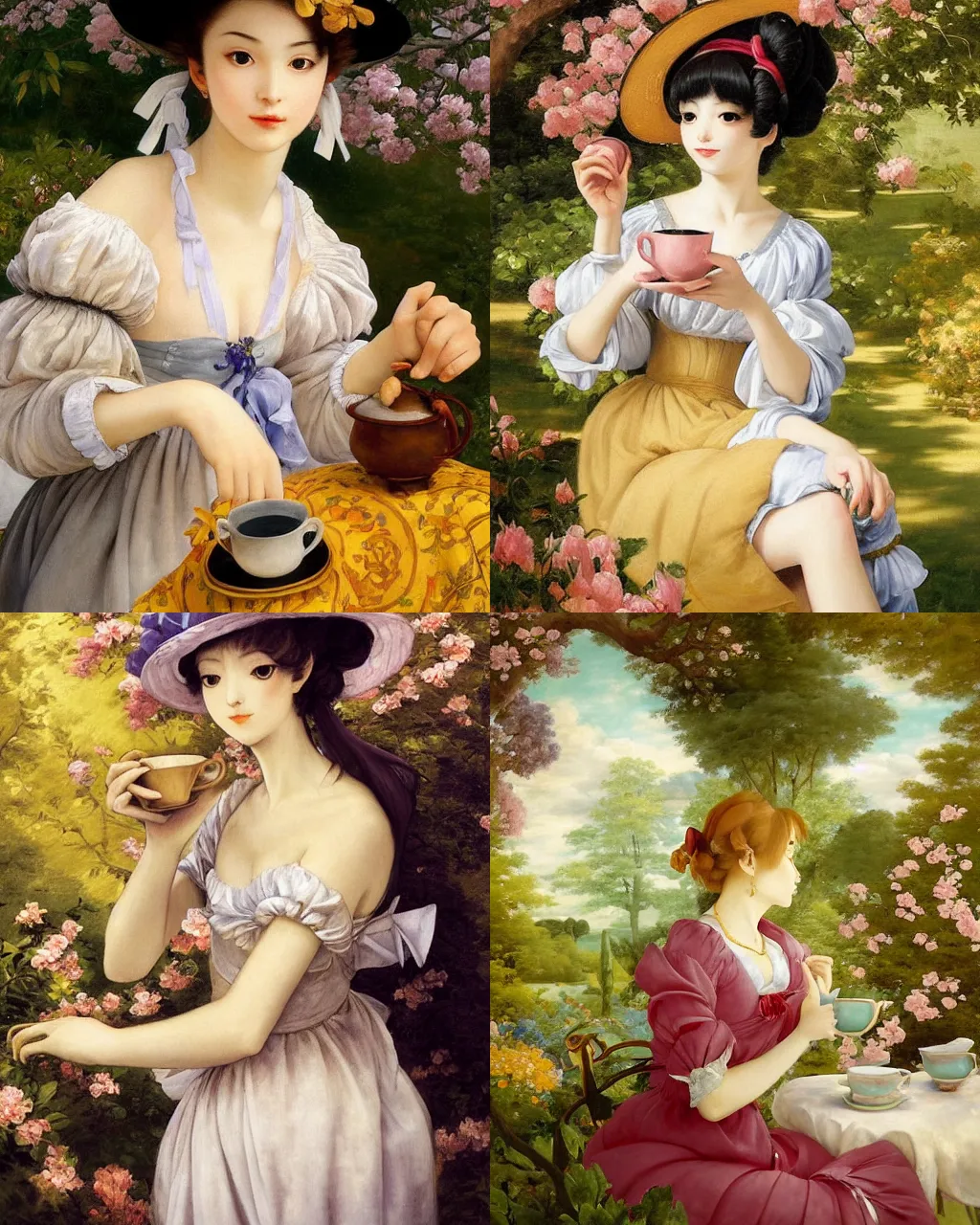 Prompt: oil painting of elegantly dressed touhou character drinking tea in a dreamy garden, beautiful symmetrical face and body, rule of thirds, golden ratio, oil on canvas, highly detailed, warm color scheme art rendition, soft lighting, sharp focus, unique art rendition by adelaide labille - guiard, artemisia gentileschi