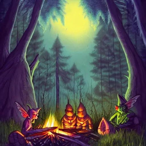 Prompt: goblins, imps, fairies and fireflies in a fantasy world, forest clearing with a campfire at night, epic fantasy style art