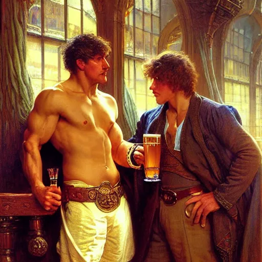 Image similar to attractive muscular arthur pendragon and muscular attractive merlin go to a pub together to have some drinks. highly detailed painting by gaston bussiere, craig mullins, j. c. leyendecker, alphonse mucha 8 k