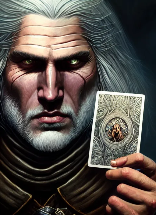 Image similar to closeup portrait shot of geralt of rivia smirking and holding cards, intricate, elegant, highly detailed, centered, digital painting, artstation, concept art, smooth, sharp focus, illustration, artgerm, tomasz alen kopera, peter mohrbacher, donato giancola, joseph christian leyendecker, wlop, boris vallejo