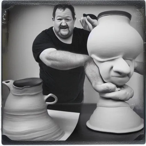 Image similar to johnny vegas making a very large clay teapot, polaroid, art school, studio, photorealistic