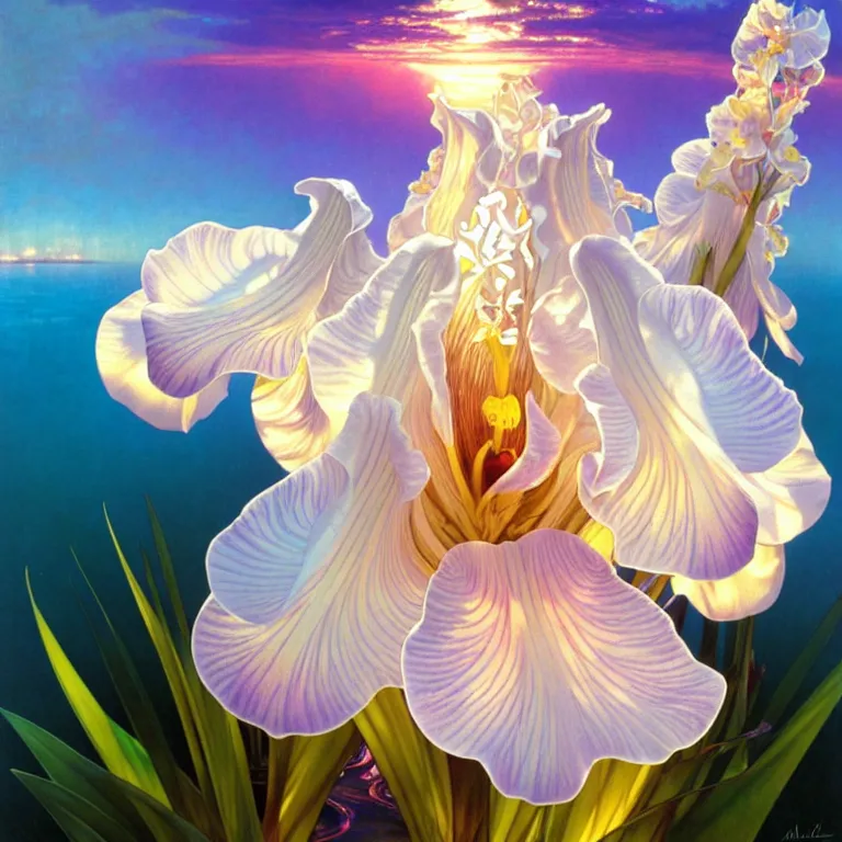 Image similar to detailed giant white holographic orchid iris hybrid flower surrounded by waves, lsd water, lsd ripples, droplets, backlit, sunset, refracted lighting, art by collier, albert aublet, krenz cushart, artem demura, alphonse mucha