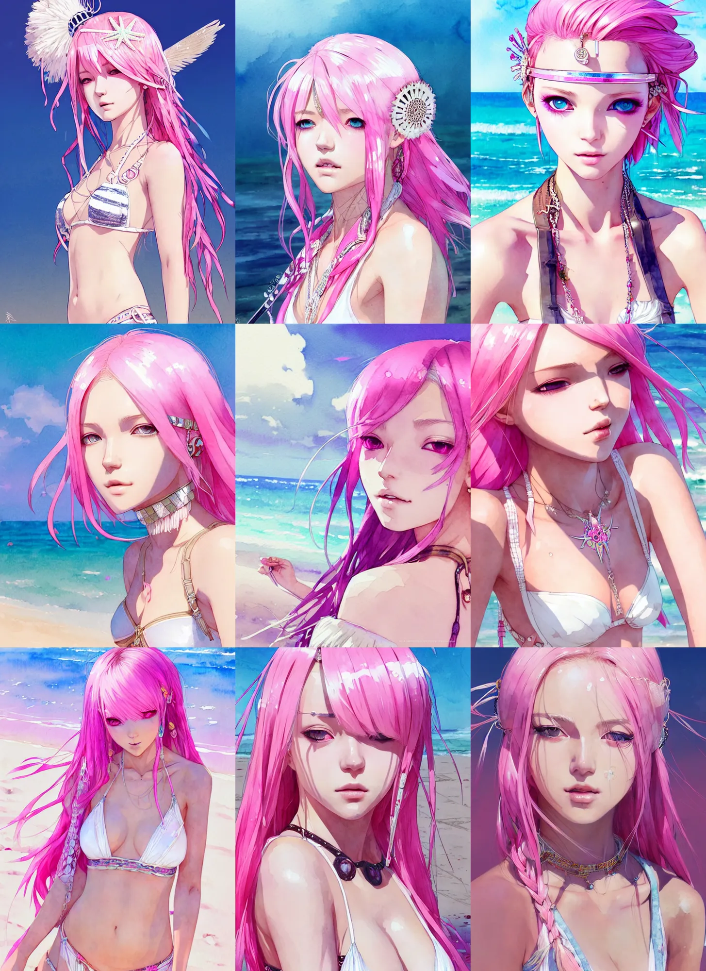 Prompt: portrait of a beautiful girl with pink hair with boho accessories, in white reflective bikini at beach, symmetry face, top lighting, cute - fine - face, ( watercolor ), nier 2 b, art by hidari and krenz and wenjun lin and starember and kuvshinov ilya and kidmo and rossdraws and artgerm