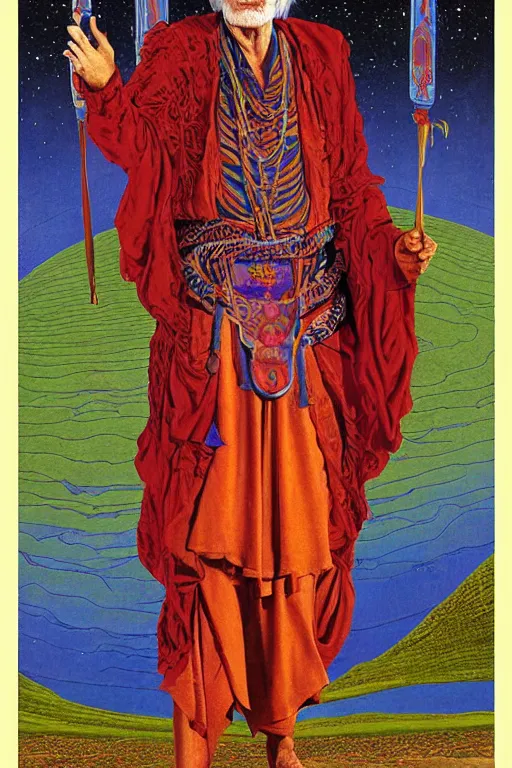 Image similar to an incredible and hilarious jean giraud portrait of timothy leary in the style of a renaissance masters portrait, mystical and new age symbolism, tibetan book of the dead