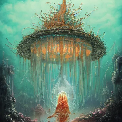 Image similar to A painting of priestesses worshipping at the jellyfish temple, shrouded in mist, jellyfish god, jellyfish priestess, jellyfish shrine maiden, 8K, illustration, art by by Alvaro Castagnet, Peter Mohrbacher and Dan Mumford, smoke, undersea temple with fish, cinematic, insanely detailed and intricate, hypermaximalist, elegant, super detailed, award-winning, magenta and crimson and cyan, rainbow accents, iridescence, bioluminescence, mysterious, ancient, ritual, trending in cgsociety, artstation HQ, ornate, elite, haunting, matte painting, beautiful detailed, insanely intricate details, dreamy and ethereal, otherworldly