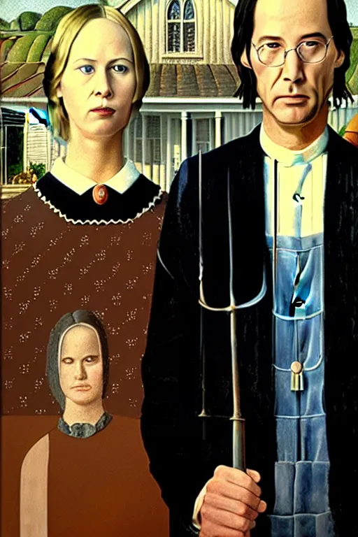 Image similar to painting of Keanu Reeves and Jennifer Lawrence as the couple in American Gothic in the style of Grant Wood