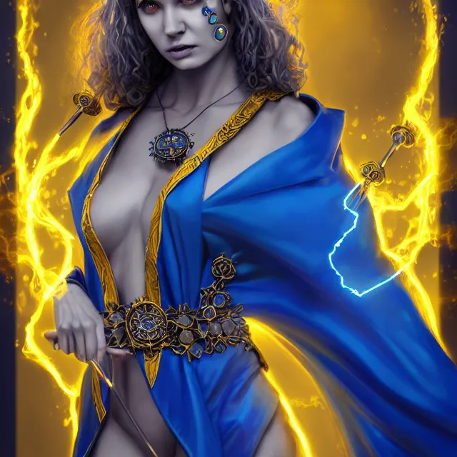 Image similar to beautiful elemental electric witch with ornate blue andyellow robes and staff, highly detailed, 4 k, hdr, smooth, sharp focus, high resolution, award - winning photo, artgerm, photorealistic