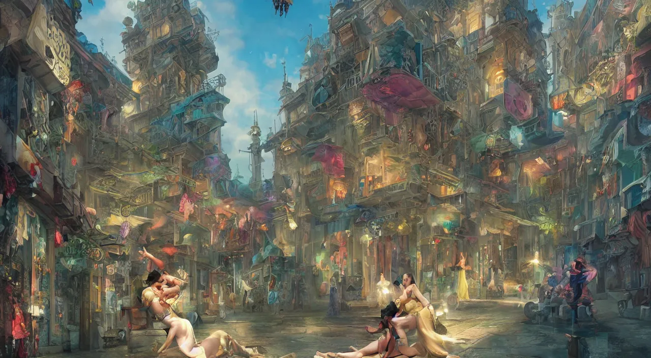 Image similar to bazaar zouk oriantal place mosquet multicolorful sky shine matte painting, street art, trending on artstation, by huang guangjian and gil elvgren and sachin teng