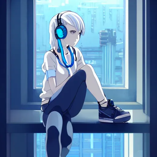 Image similar to cyborg - girl with silver hair, wearing headphones, and sitting on a window sill, highly detailed, painting, dark blue and black color palette, intricate, high quality anime artstyle, in the style of makoto shinkai