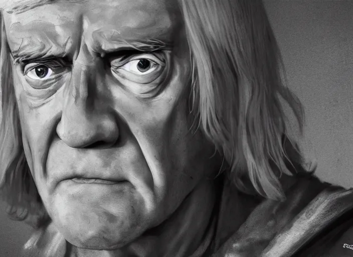 Prompt: close up cinematic artwork of Jimmy savile staring down the enemy on the battlefield by Greg Rutkowski, 4k, masterpiece