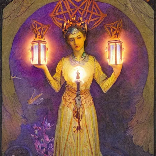 Image similar to queen of the dawn with her lantern and birds, by Annie Swynnerton and Nicholas Roerich, bioluminescent skin, floral tattoos, elaborate costume, geometric ornament, symbolist, smooth, sharp focus, extremely detailed, unreal engine