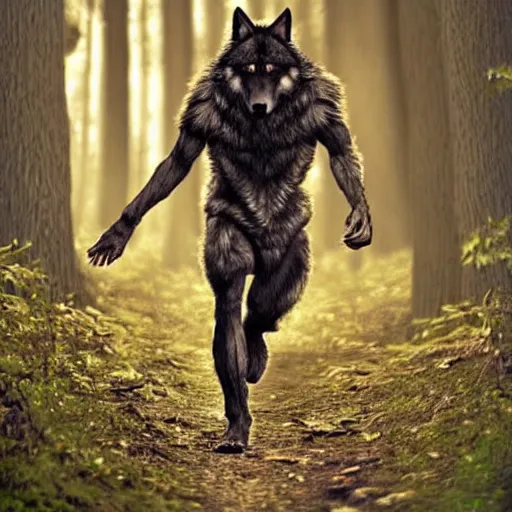Prompt: human wolf werecreature, photograph captured at woodland creek