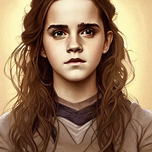 Prompt: painting. [ young ] emma watson as hermione granger 2 0 0 4. prisoner of azkaban. cheerful. happy. art by artgerm and greg rutkowski and alphonse mucha. during golden hour. extremely detailed. beautiful. 4 k. award winning.