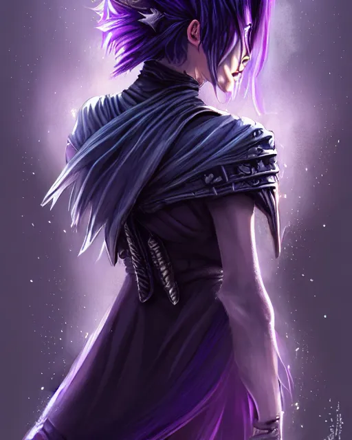 Prompt: cinematic back portrait rugged girl, adventurer outfit large cloak, fantasy forest landscape, supervillain sorceress witch, fantasy magic, undercut hairstyle, black to purple fade hair color, casting ice water magic spell circle, dark light night, intricate, elegant, sharp focus, illustration, highly detailed, digital painting, concept art, matte, art by WLOP and Artgerm and Greg Rutkowski and Alphonse Mucha, masterpiece