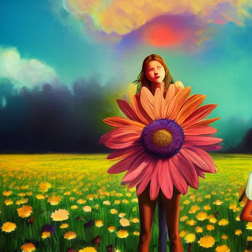 Image similar to giant daisy flower head, girl standing in a flower field, surreal photography, sunrise dramatic light, impressionist painting, colorful clouds, digital painting, artstation, simon stalenhag, flower face