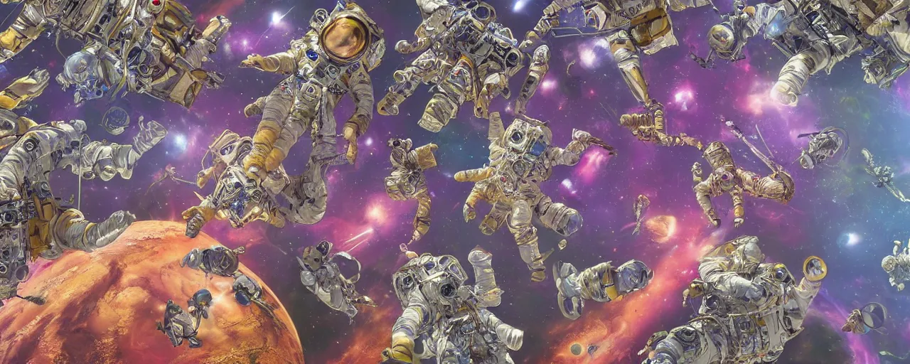 Prompt: hyperdetailed photorealistic elaborate astronauts, seen from the long distance. sci-fi flemish baroque elements. vibrant psychedelic pastel tones. NASA pic. matte background HD 8x